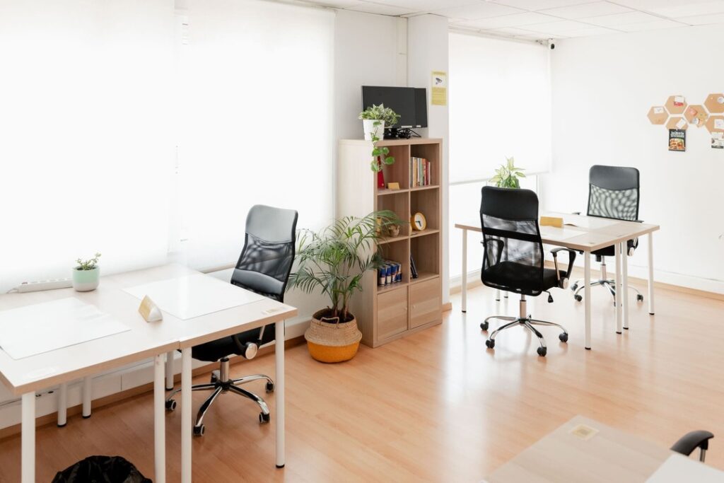 Espacio de coworking luminoso con varios puestos flexibles, mesas amplias, sillas ergonómicas y plantas, ideal para trabajar con calma o compartir oficina.